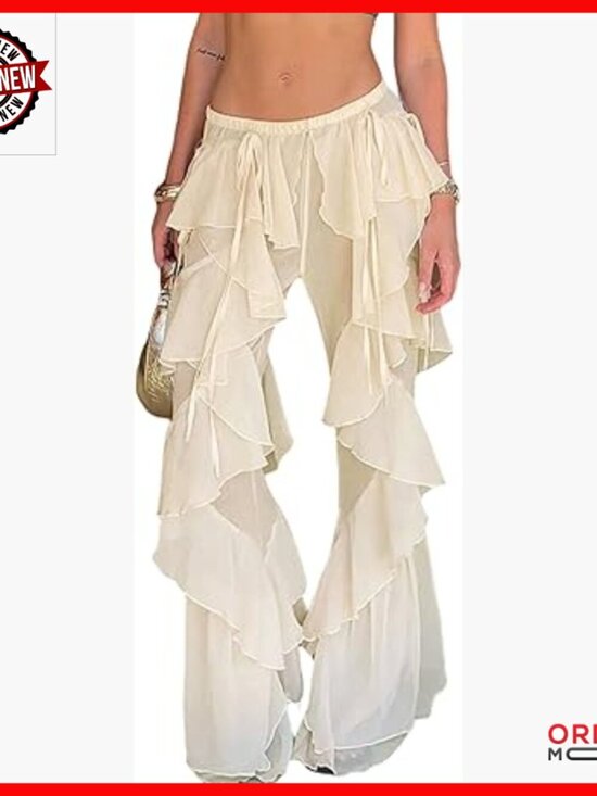 Pants - Sheer Mesh Tiered Flare Pants High Waist Wide Leg Party Rave Trousers